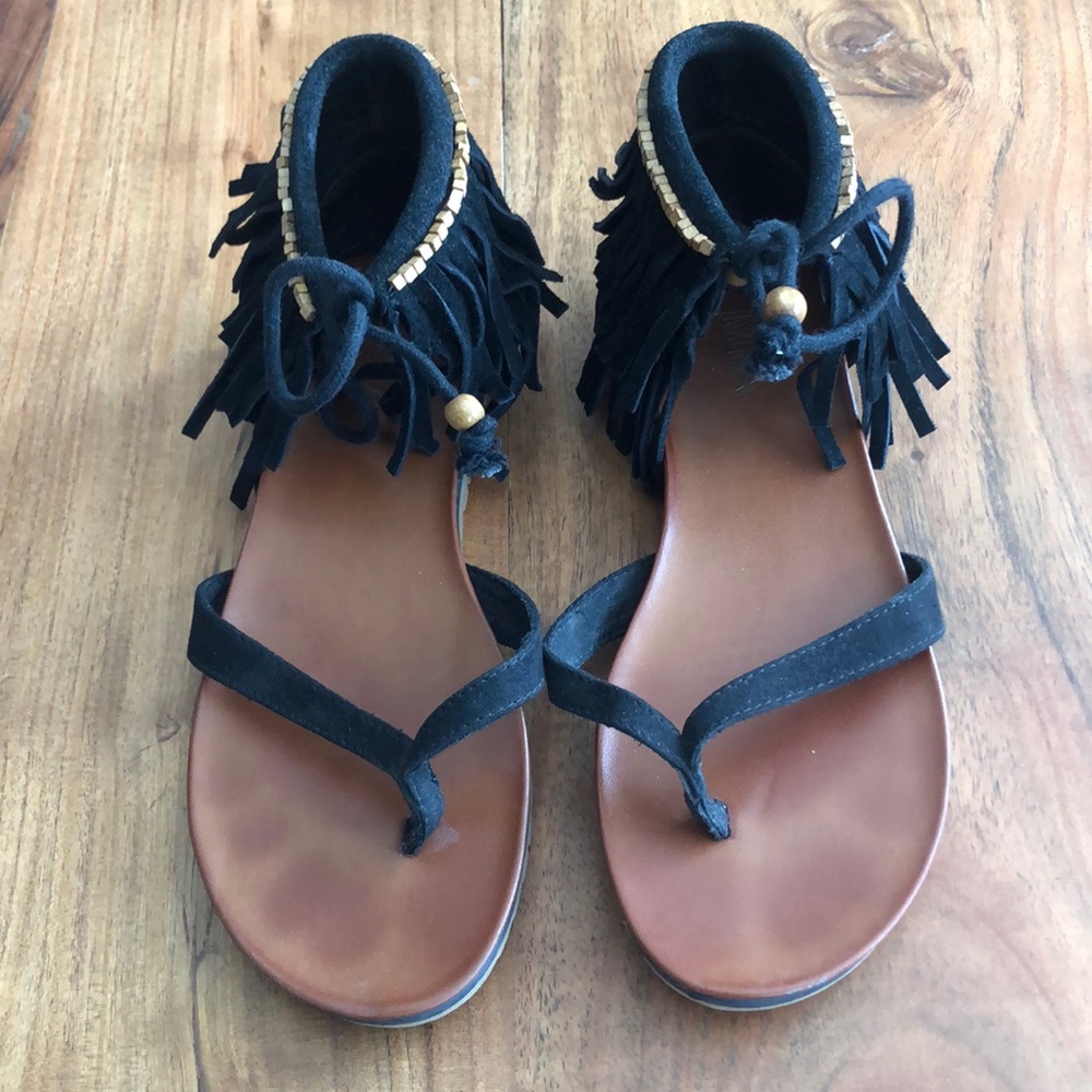 MIA Black and Brown Fringe Sandals